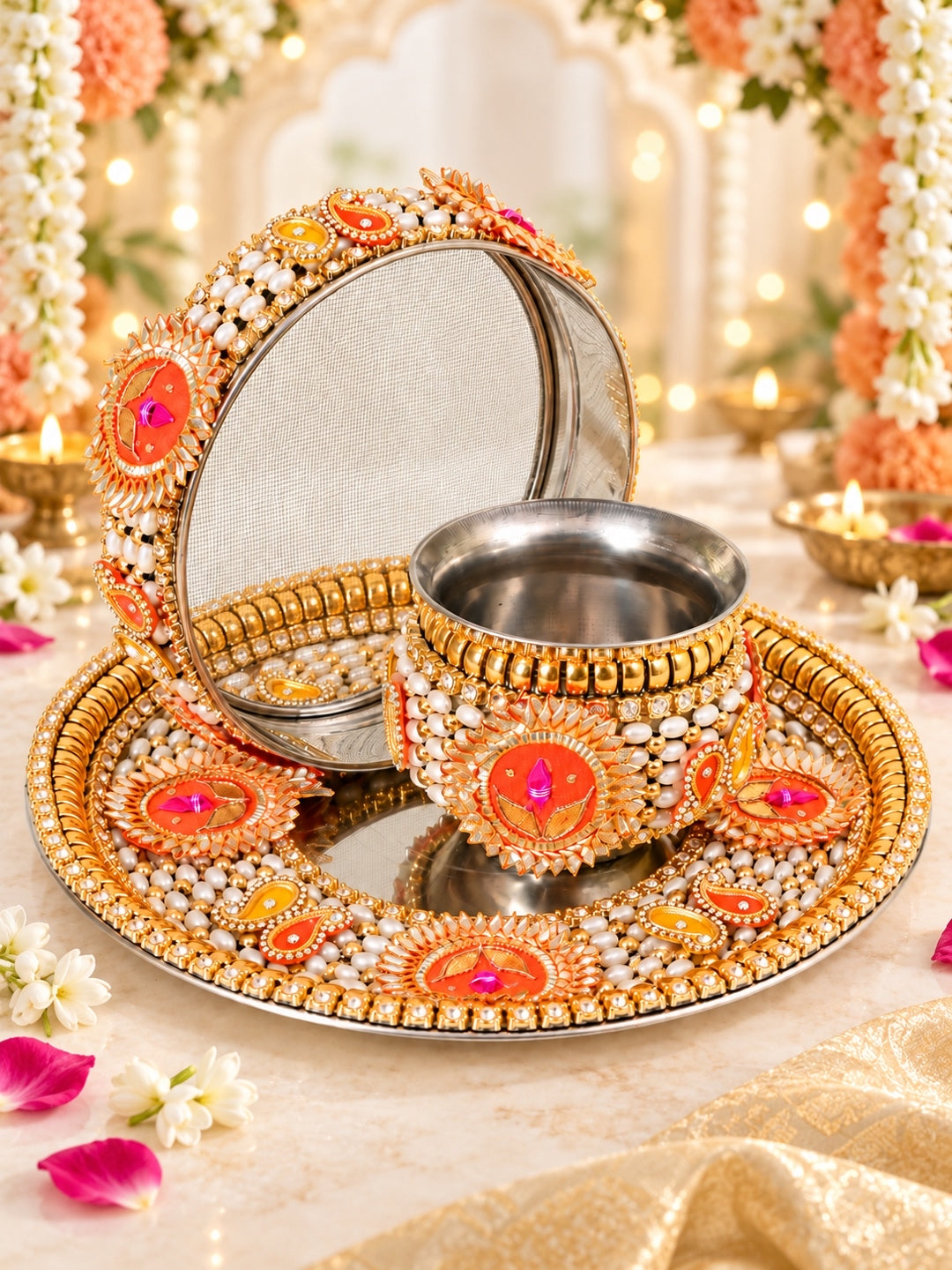 GoldToned & Orange-Colored Embellished Pooja Thali With Lota & Challni
