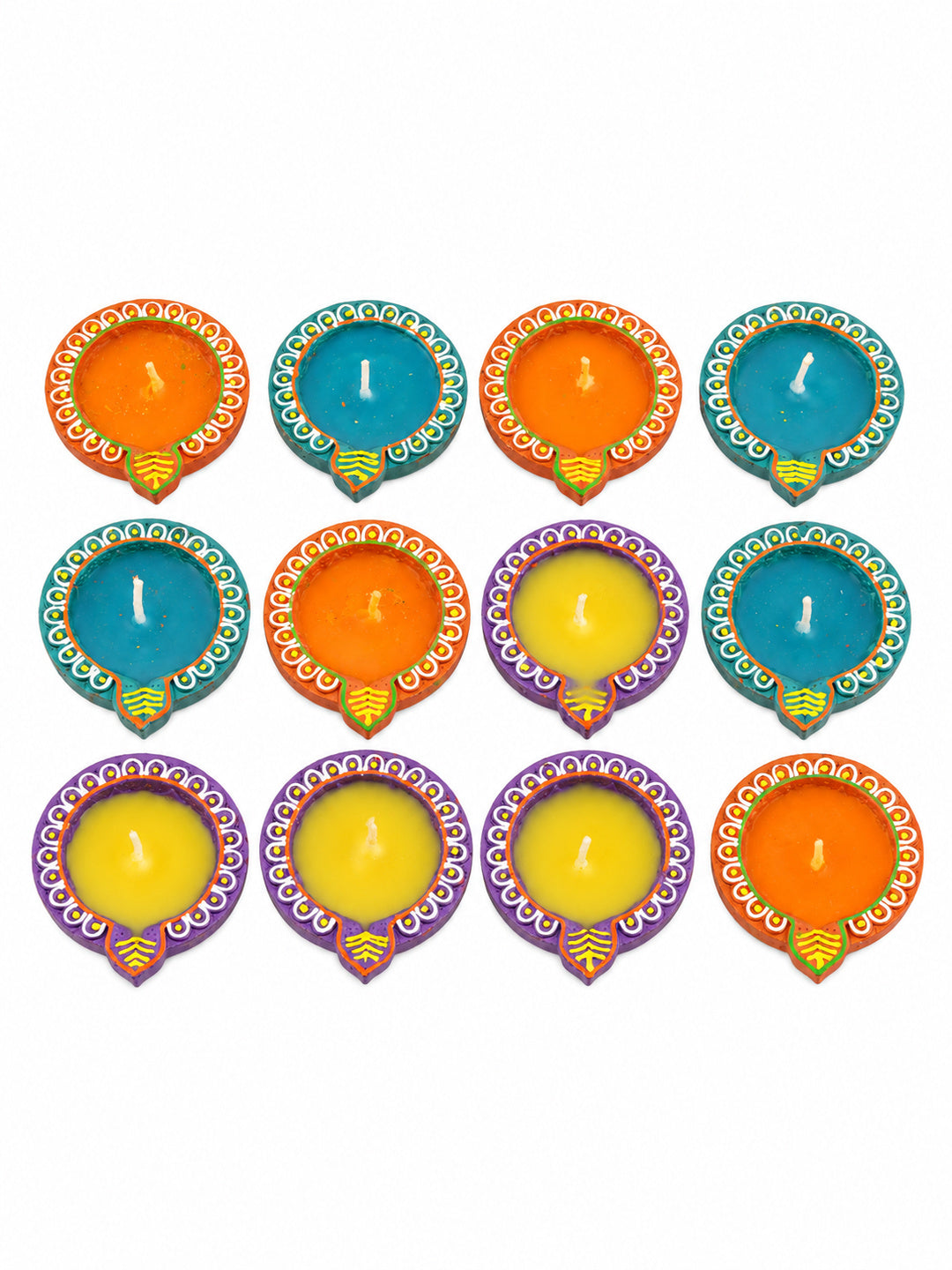 Blue & Purple 12 Pieces Printed Terracotta Wax Diyas