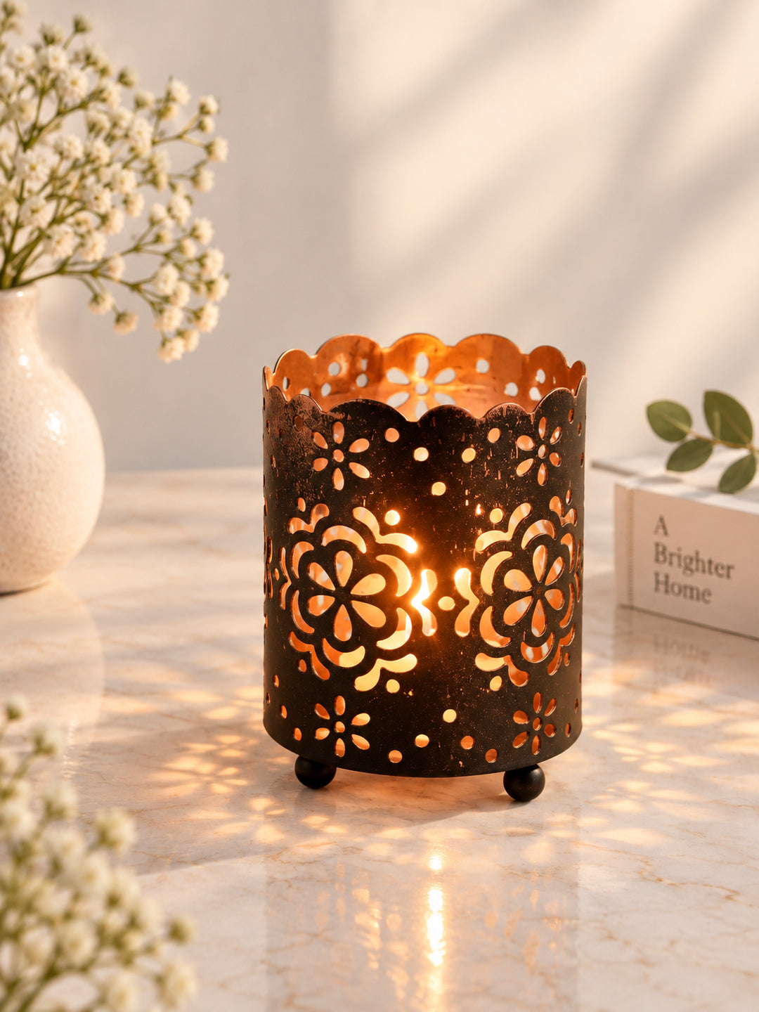 Black Metal Floral Cutout Tealight Candle Holder