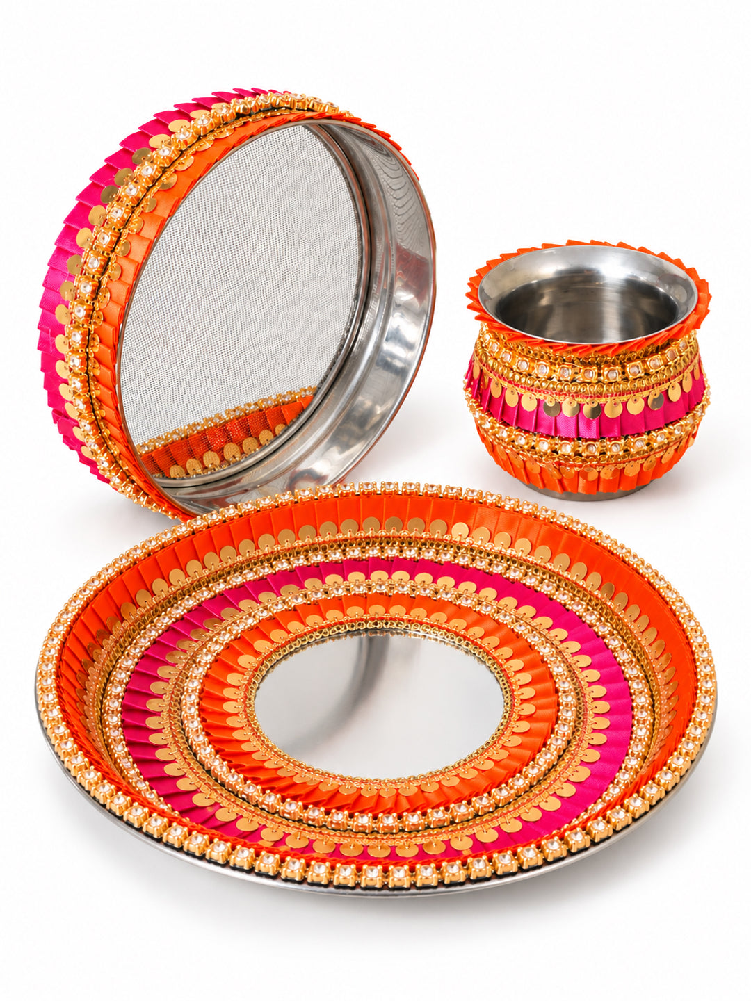 Yellow & Pink Embellished Pooja Thali With Lota & Challni