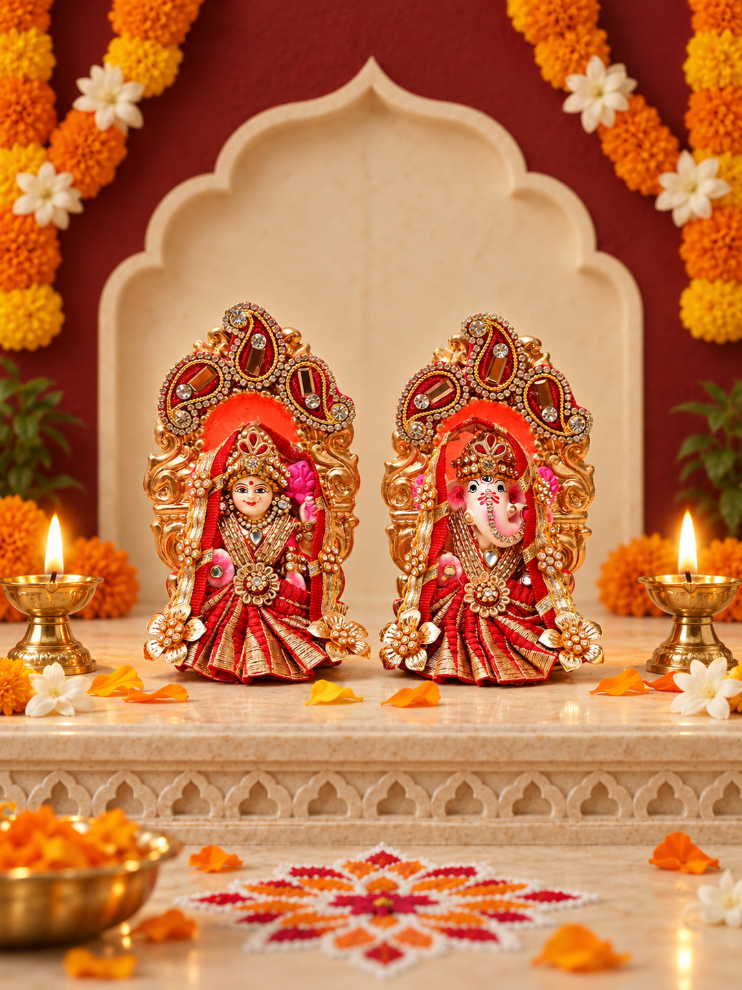 Red & Golden Lakshmi Ganesh Idol Set