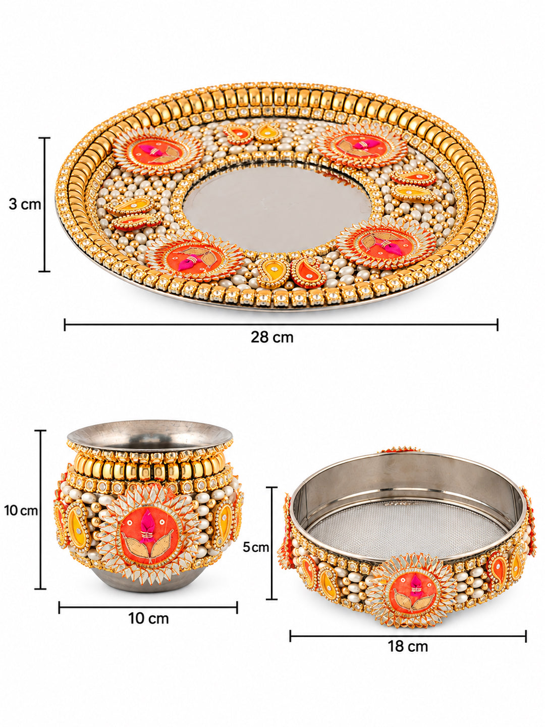 GoldToned & Orange-Colored Embellished Pooja Thali With Lota & Challni