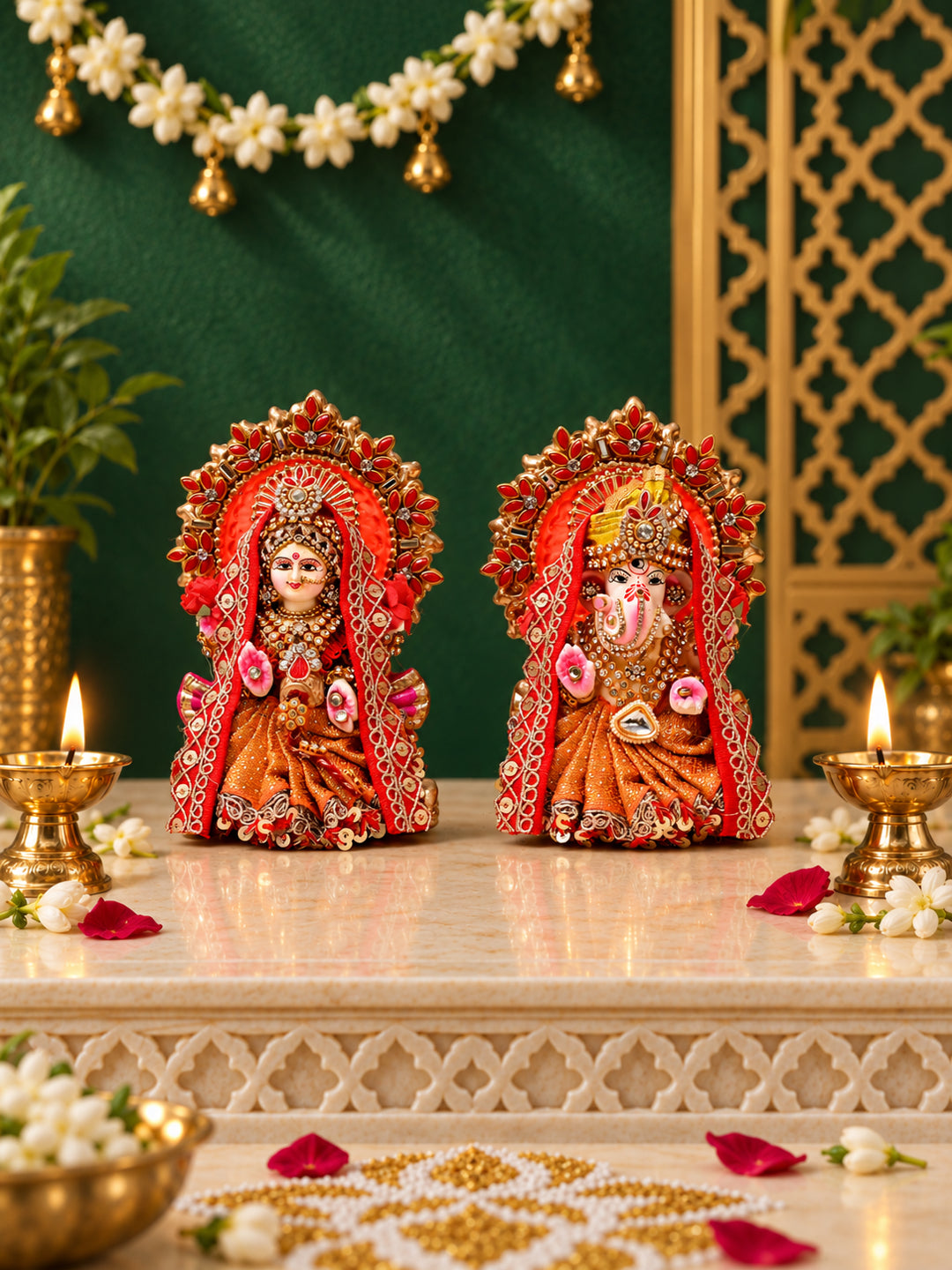Orange Embellished Lakshmi Ganesh Idol Set