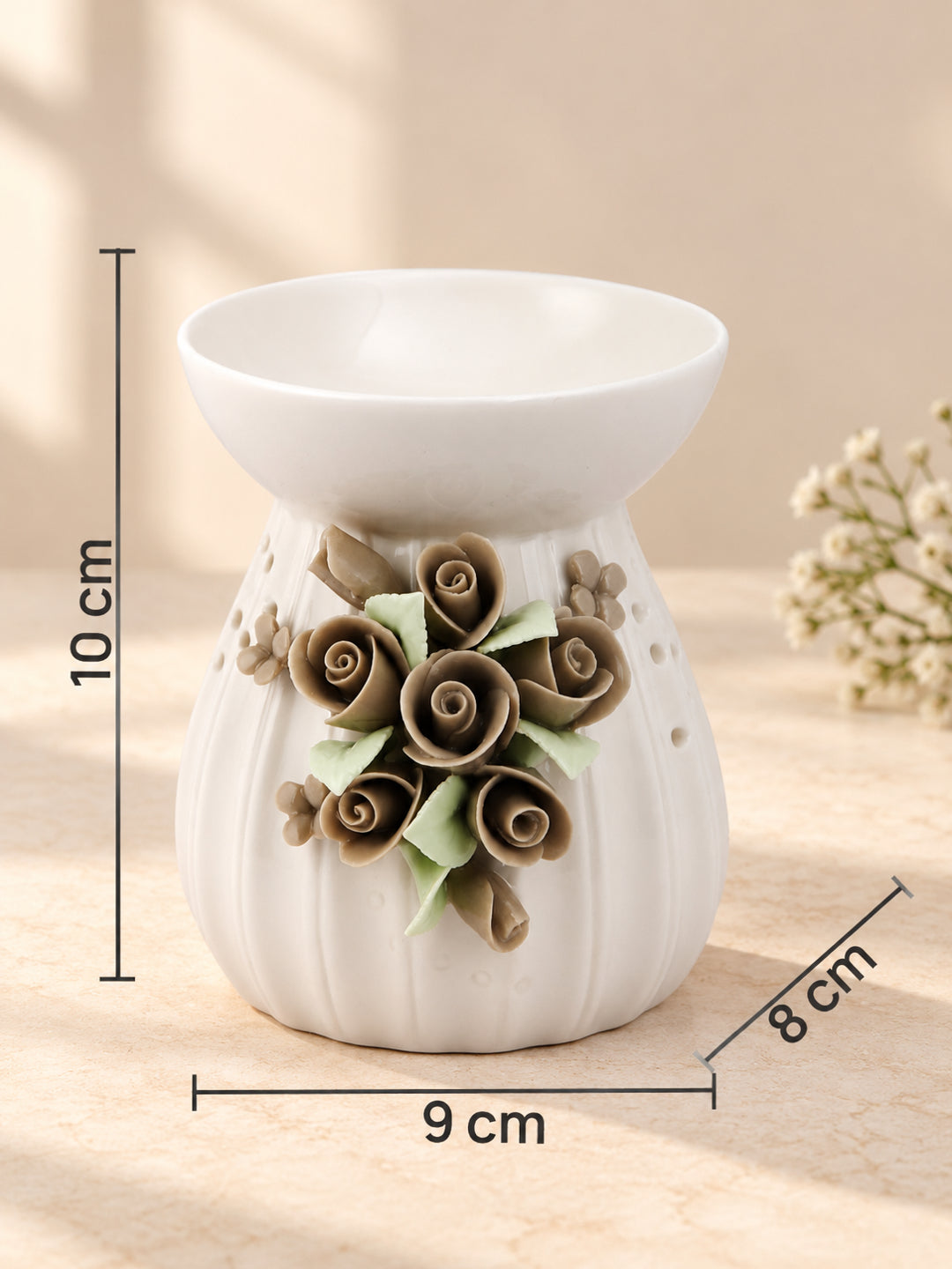 Ceramic Rose Bouquet Aroma Oil Burner Ribbed Ivory Luxury Decor