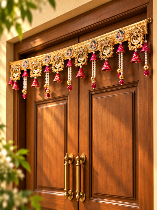 Golden & Red Beaded Toran with Traditional Hangings