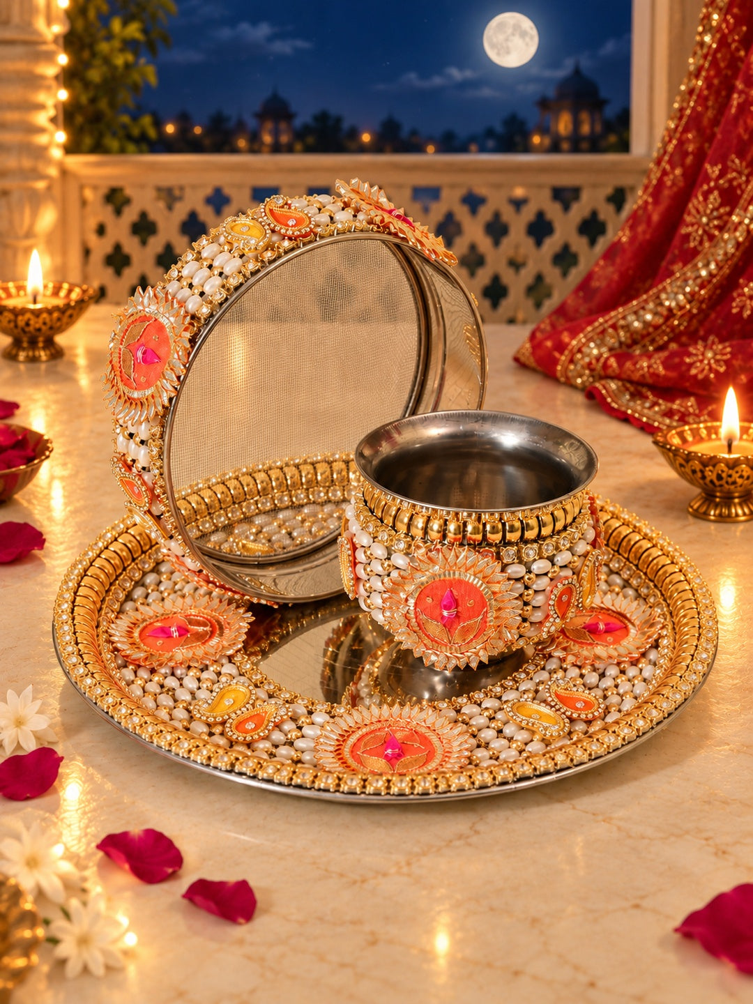 GoldToned & Orange-Colored Embellished Pooja Thali With Lota & Challni