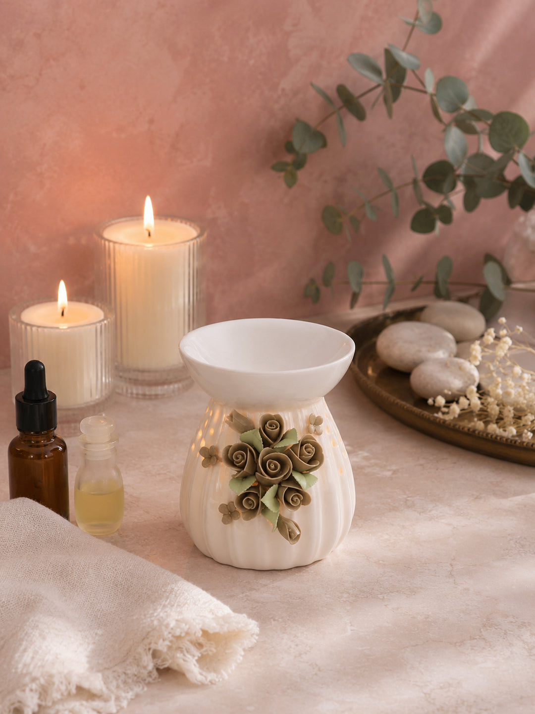 Ivory Ribbed Ceramic Rose Oil Burner Artisan Home Fragrance Decor