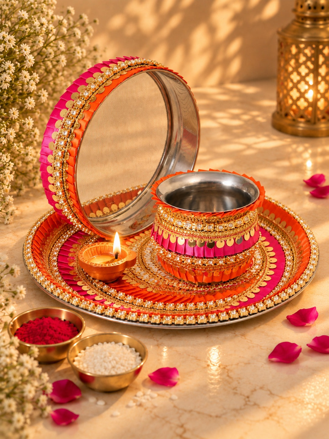 Yellow & Pink Embellished Pooja Thali With Lota & Challni