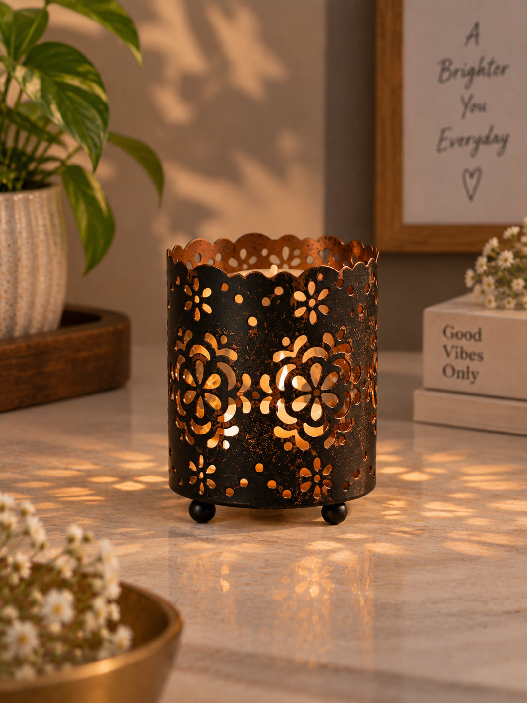 Black Metal Floral Cutout Tealight Candle Holder