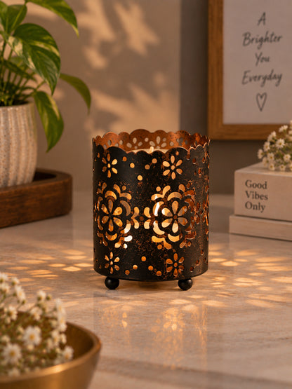 Black Metal Floral Cutout Tealight Candle Holder