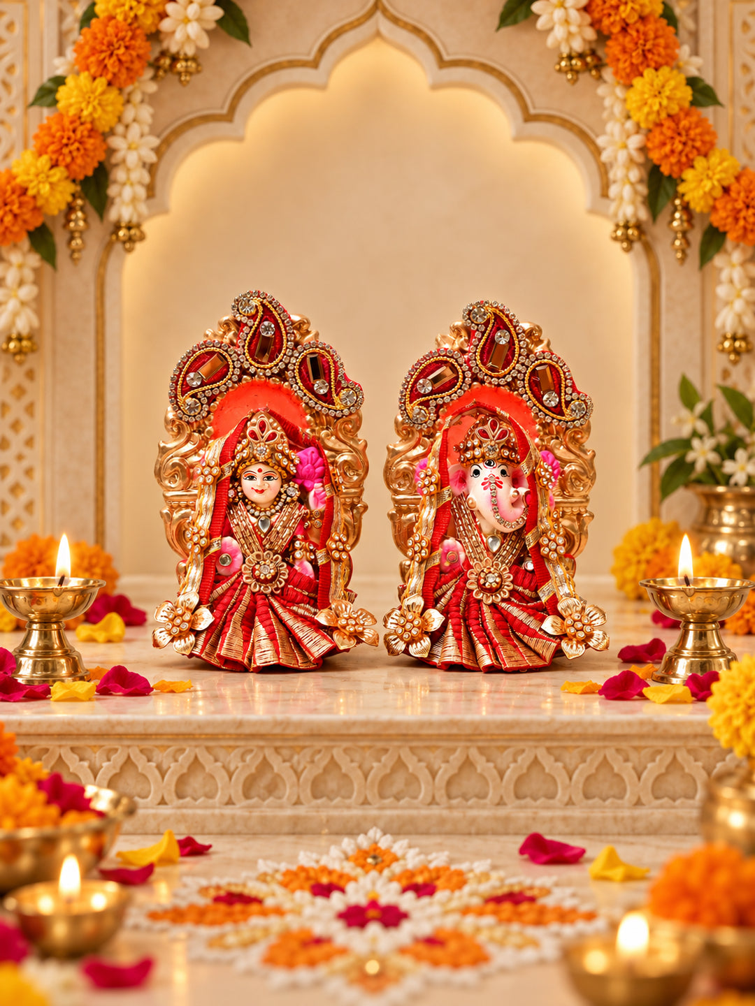 Red & Golden Lakshmi Ganesh Idol Set