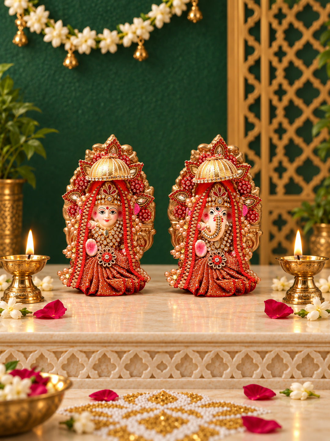 Golden Red Royal Lakshmi Ganesh Idol Set