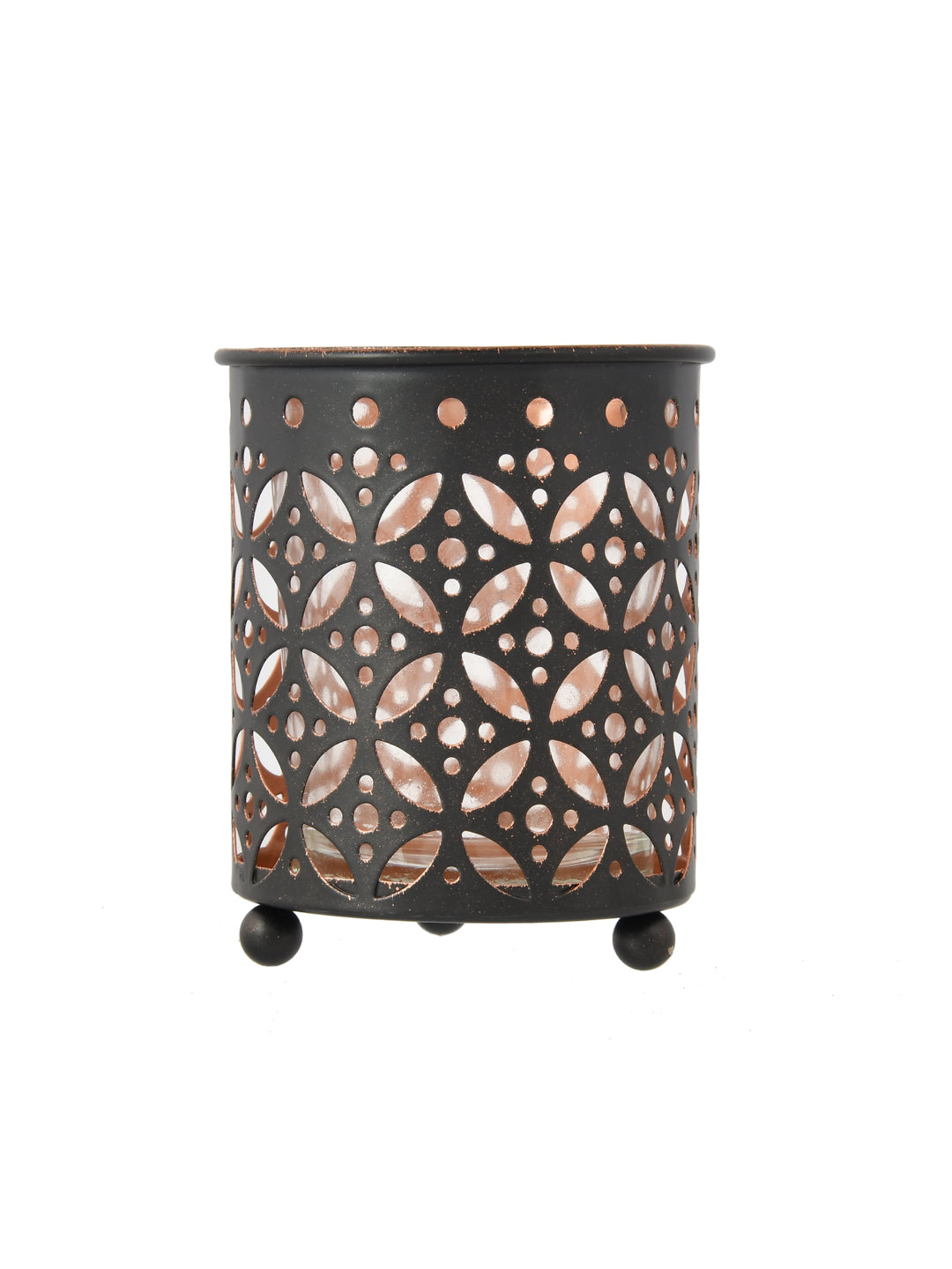 Geometric Dot Pattern Metal Tealight Lantern Black Copper Glow
