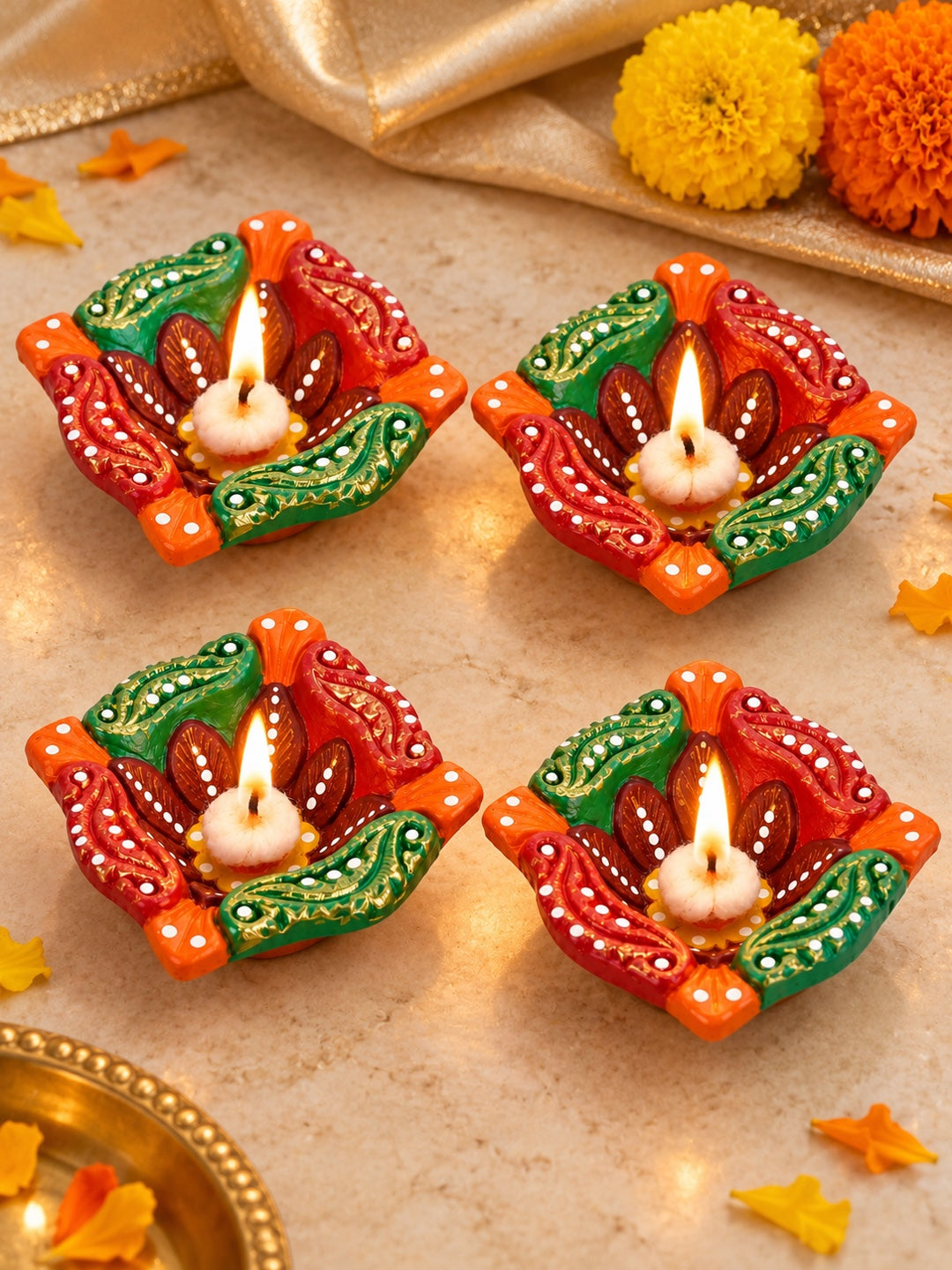 Green & Orange Handpainted Set of 4 Diwali Diya