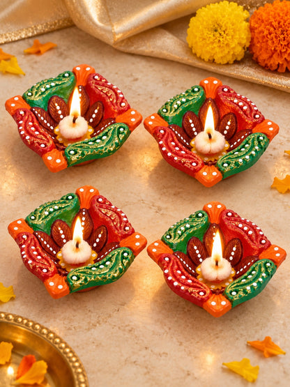 Green & Orange Handpainted Set of 4 Diwali Diya