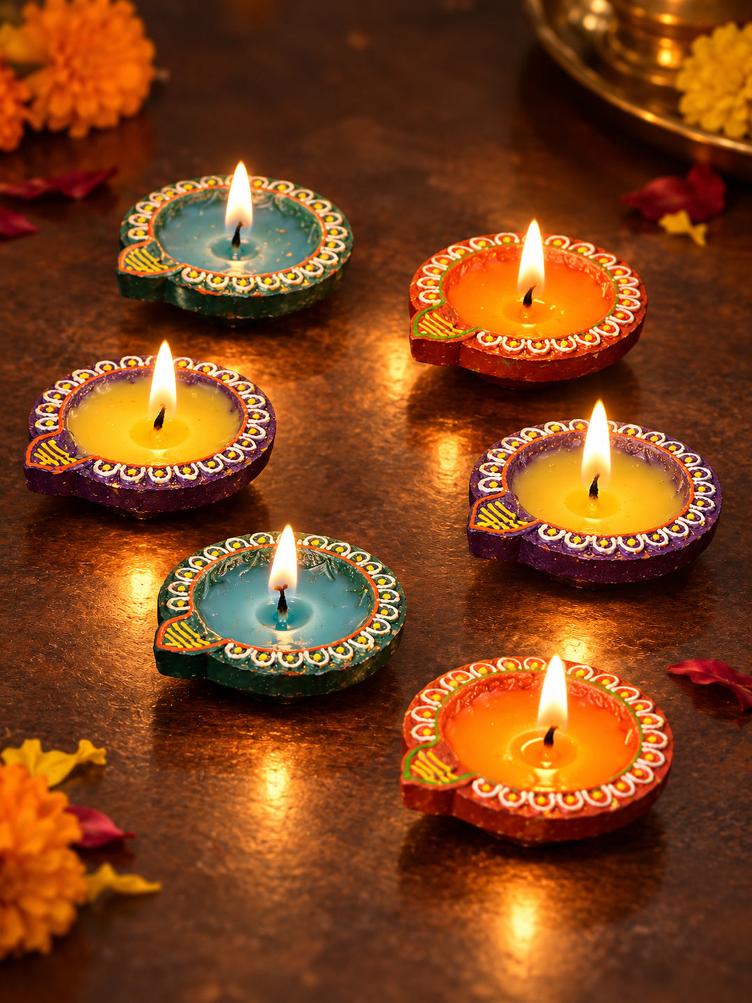 Blue & Purple 6 Pieces Terracotta Diwali Wax Diyas