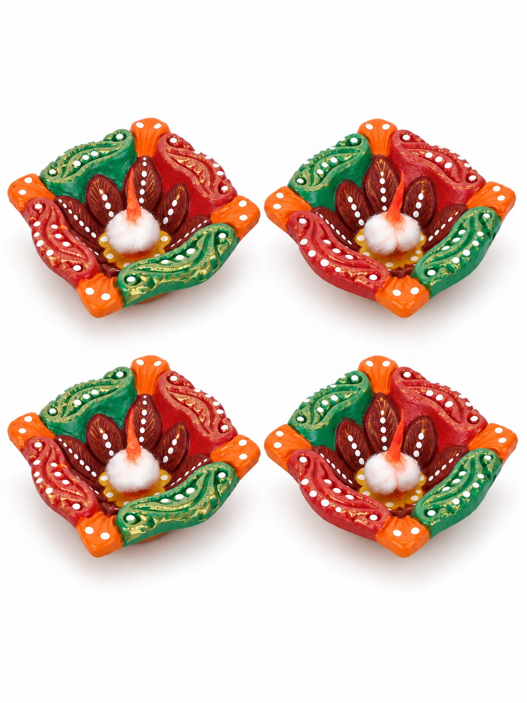 Green & Orange Handpainted Set of 4 Diwali Diya