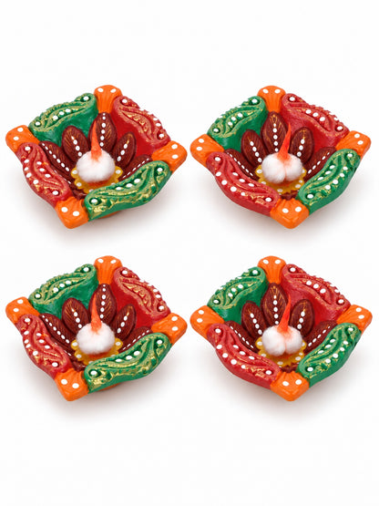 Green & Orange Handpainted Set of 4 Diwali Diya