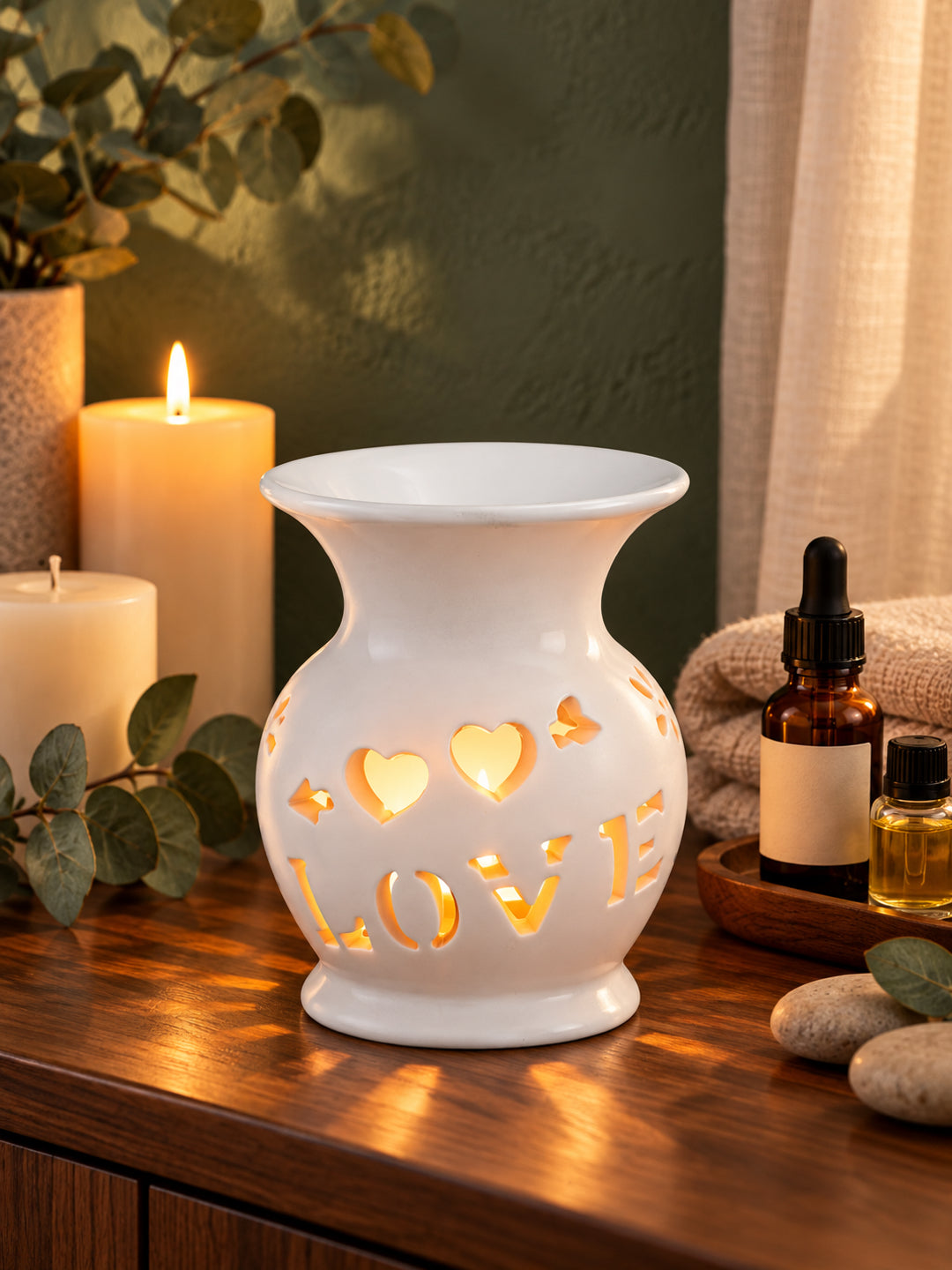 White LOVE Cutout Ceramic Oil Burner Tealight Aromatherapy Lamp