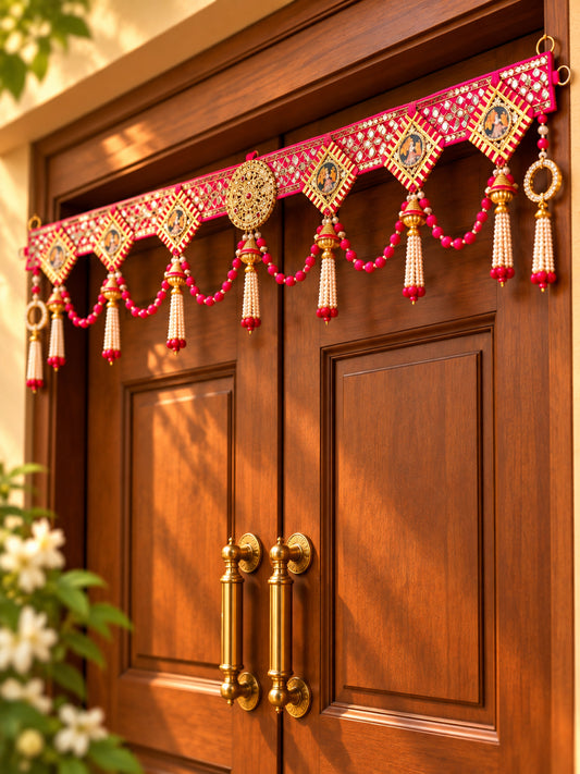 Pink & Gold Beaded Traditional Door Hanging Bandarwal with Decorative Tassels
