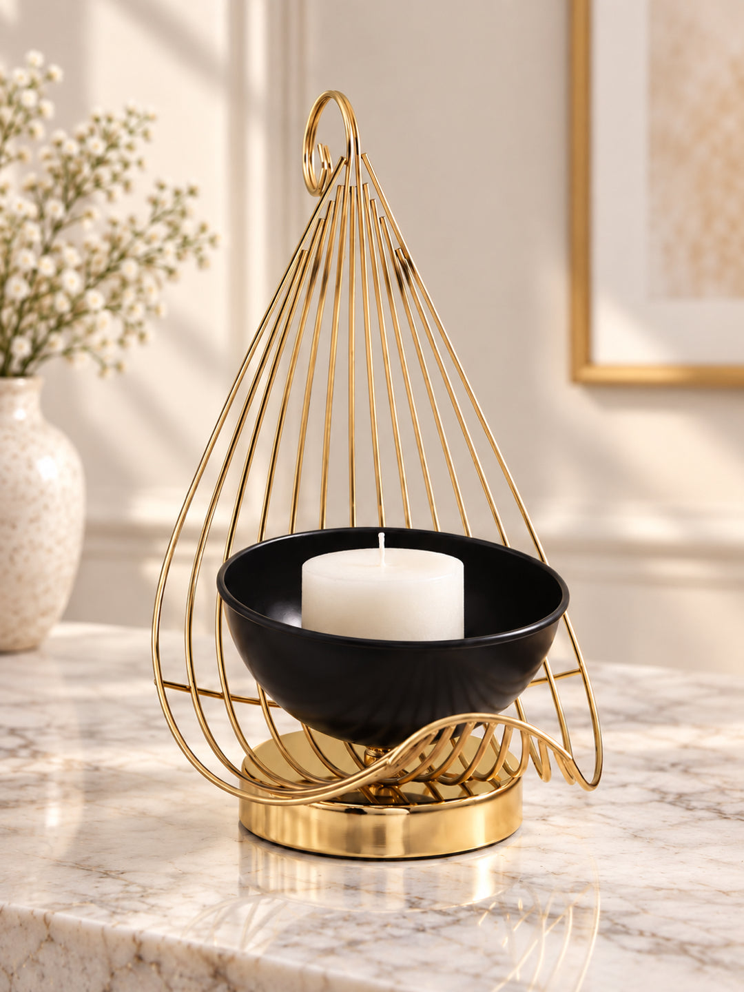 Gold Metal Hanging Candle Holder with Black Bowl