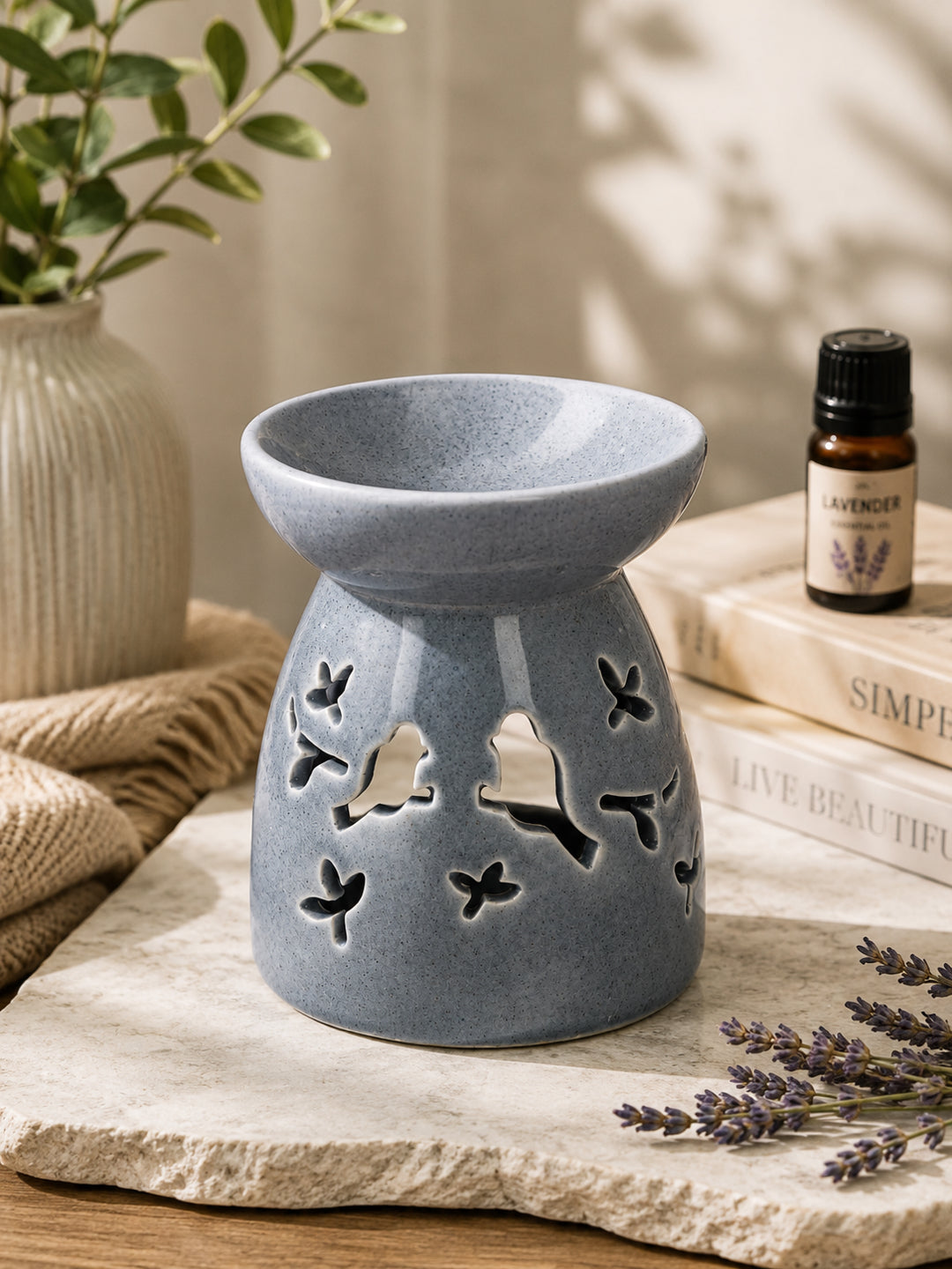 Grey Ceramic Delicate Bird & Butterfly Aroma Oil Burner