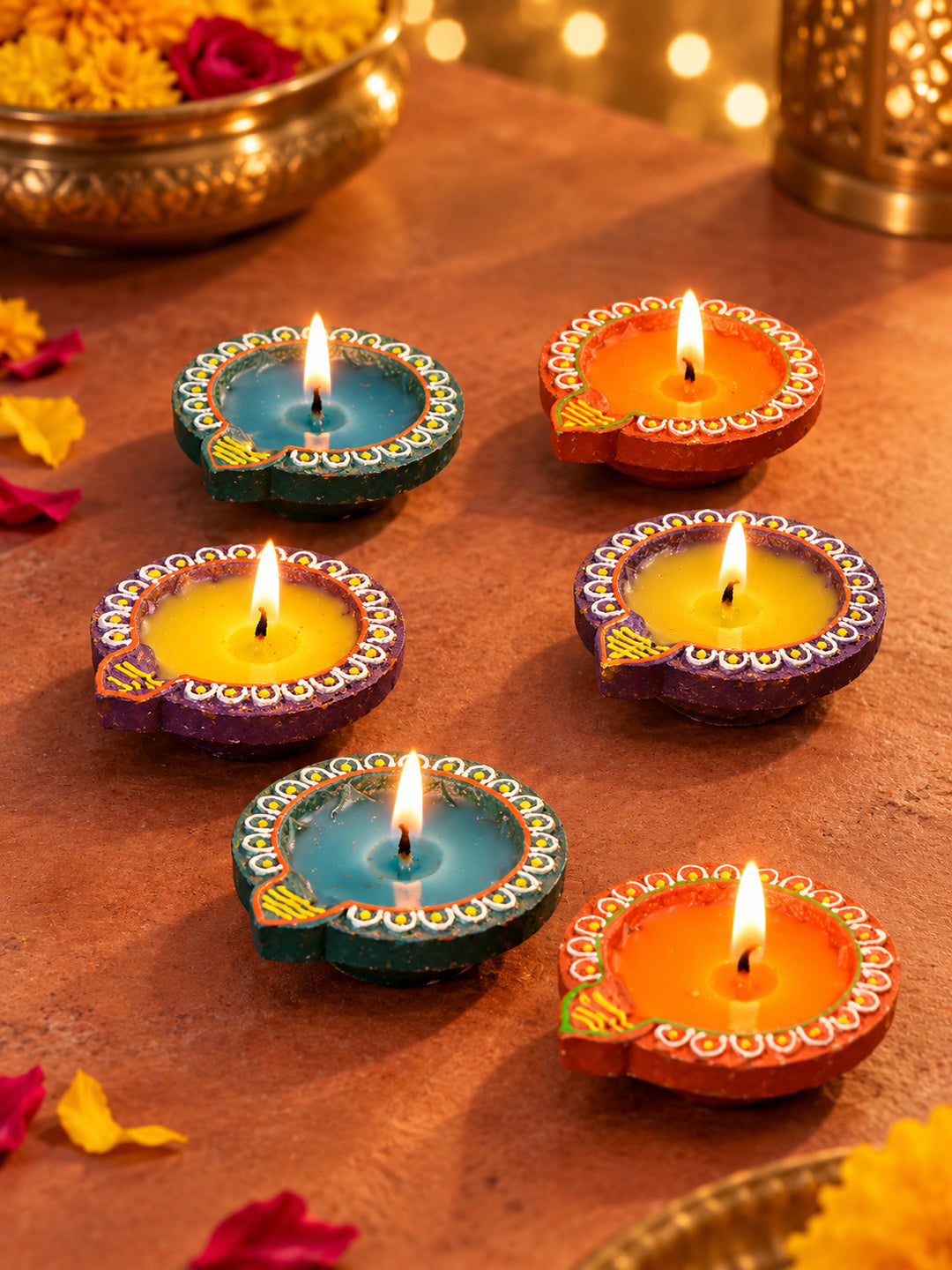 Blue & Purple 6 Pieces Terracotta Diwali Wax Diyas