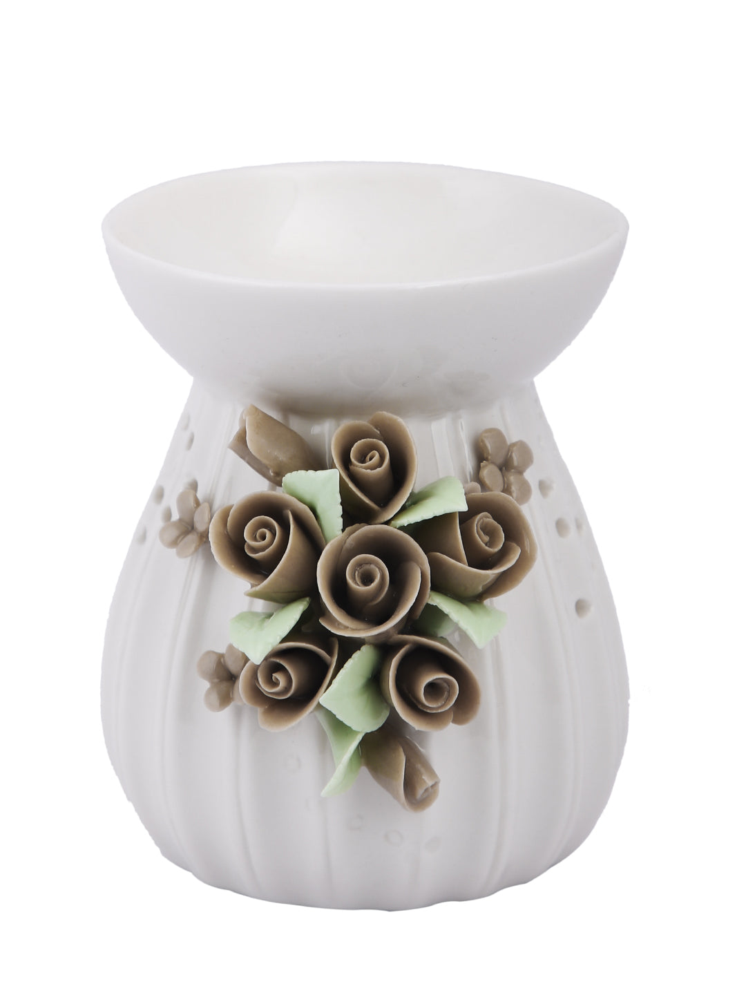 Ceramic Rose Bouquet Aroma Oil Burner Ribbed Ivory Luxury Decor