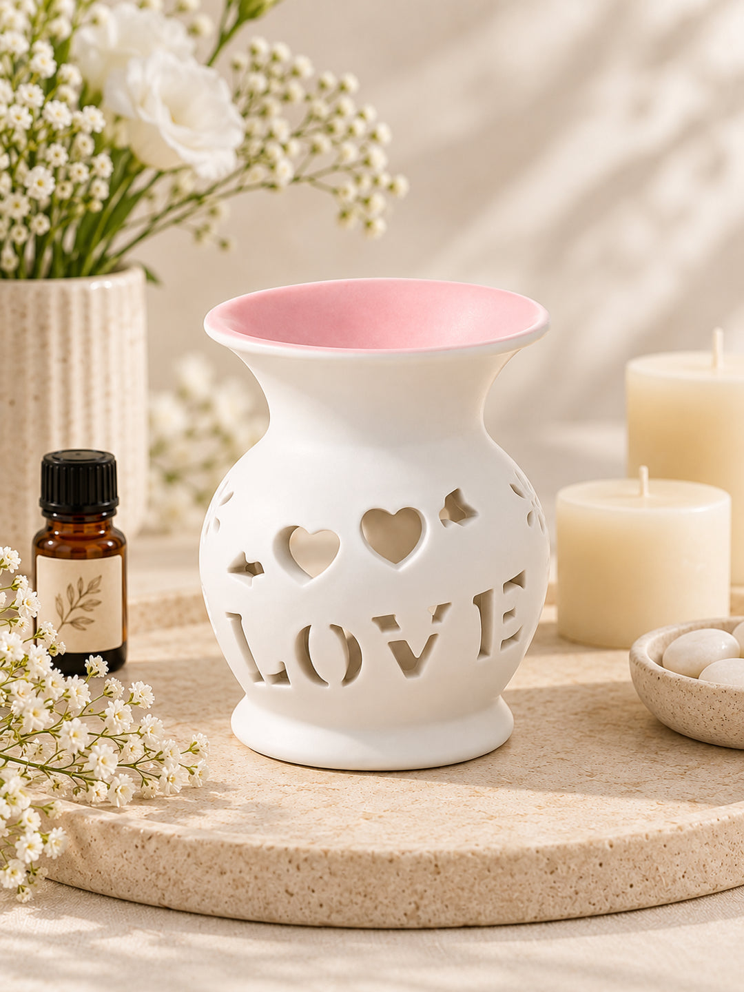 Pink LOVE Cutout Ceramic Oil Burner Tealight Aroma Diffuser