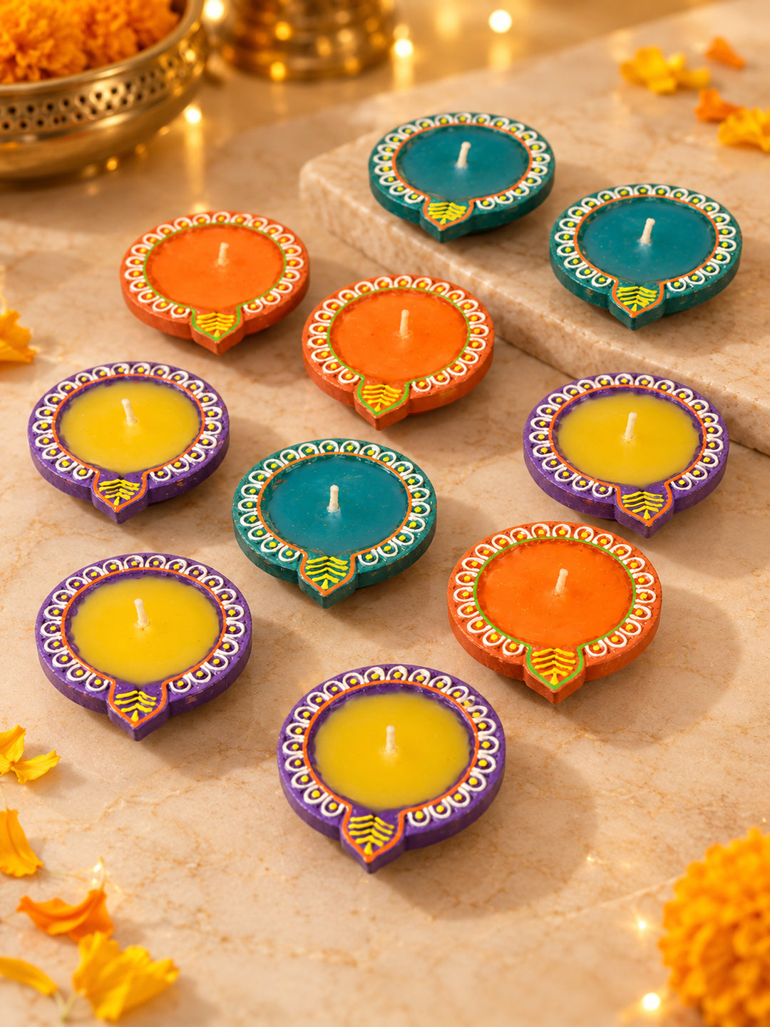 Blue & Purple 12 Pieces Printed Terracotta Wax Diyas