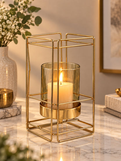 Gold Metal Geometric Glass Candle Holder