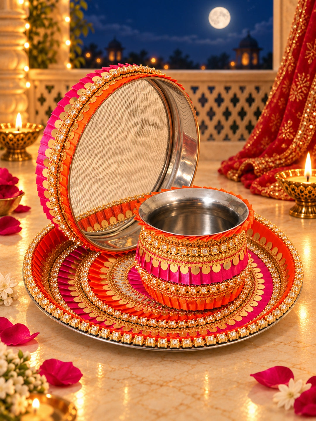 Yellow & Pink Embellished Pooja Thali With Lota & Challni