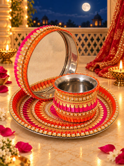 Yellow & Pink Embellished Pooja Thali With Lota & Challni