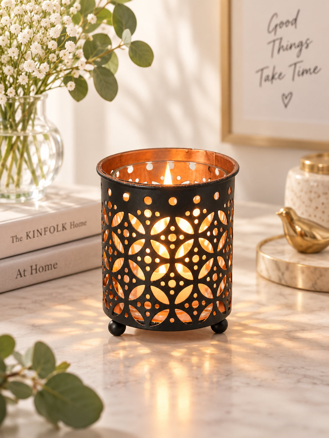 Geometric Dot Pattern Metal Tealight Lantern Black Copper Glow