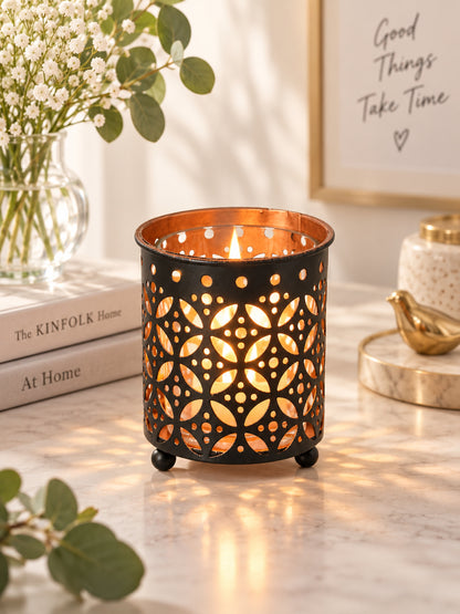 Geometric Dot Pattern Metal Tealight Lantern Black Copper Glow