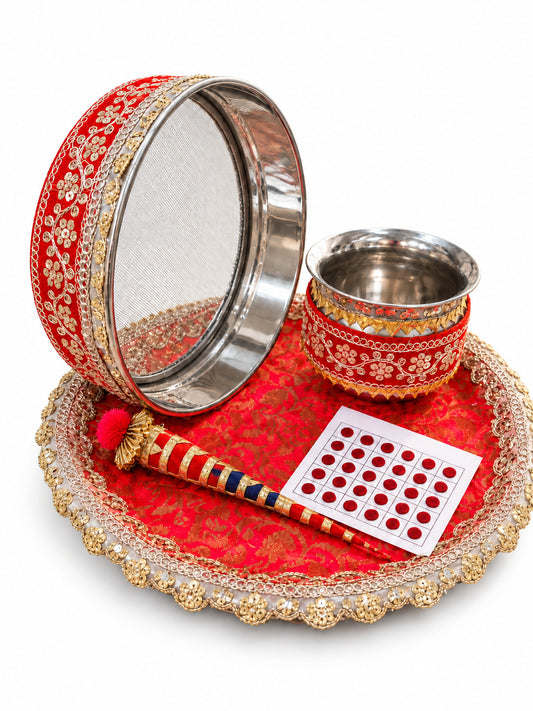 Traditional Silver & Gold Border Stainless Steel Karwa Chauth Thali Set