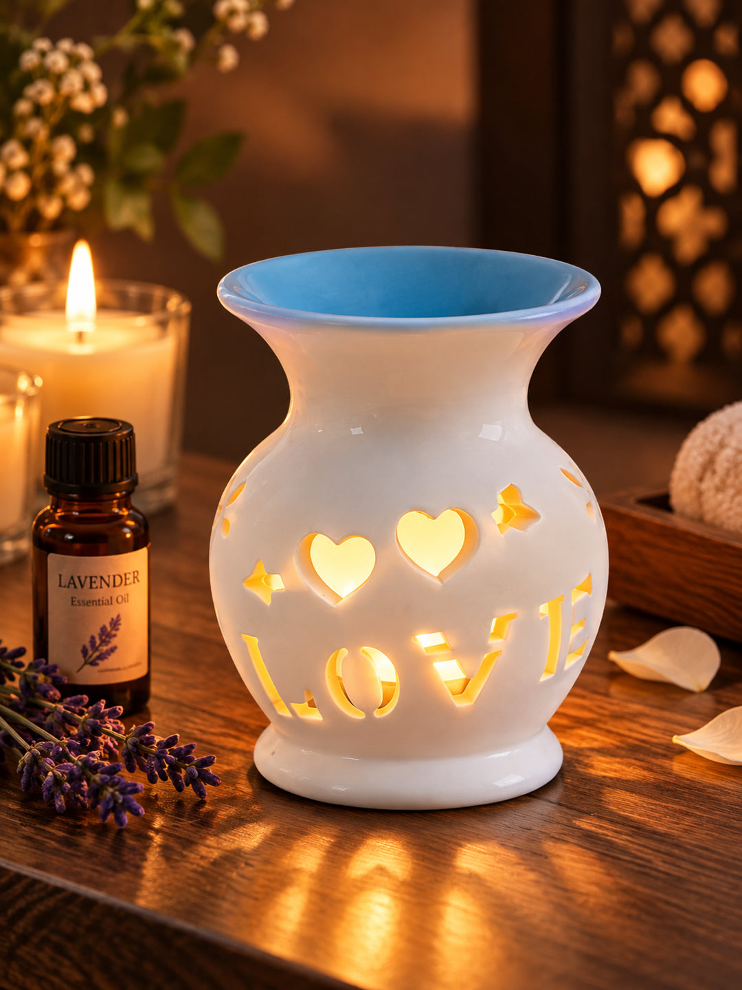 Blue LOVE Cutout Ceramic Oil Burner Aromatherapy Tealight Lamp