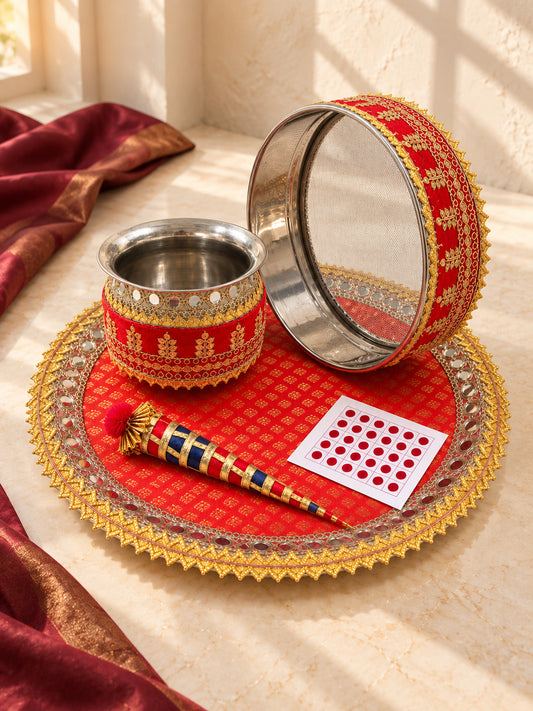 Festive Red Handcrafted Gota Work Karwa Chauth Thali Set