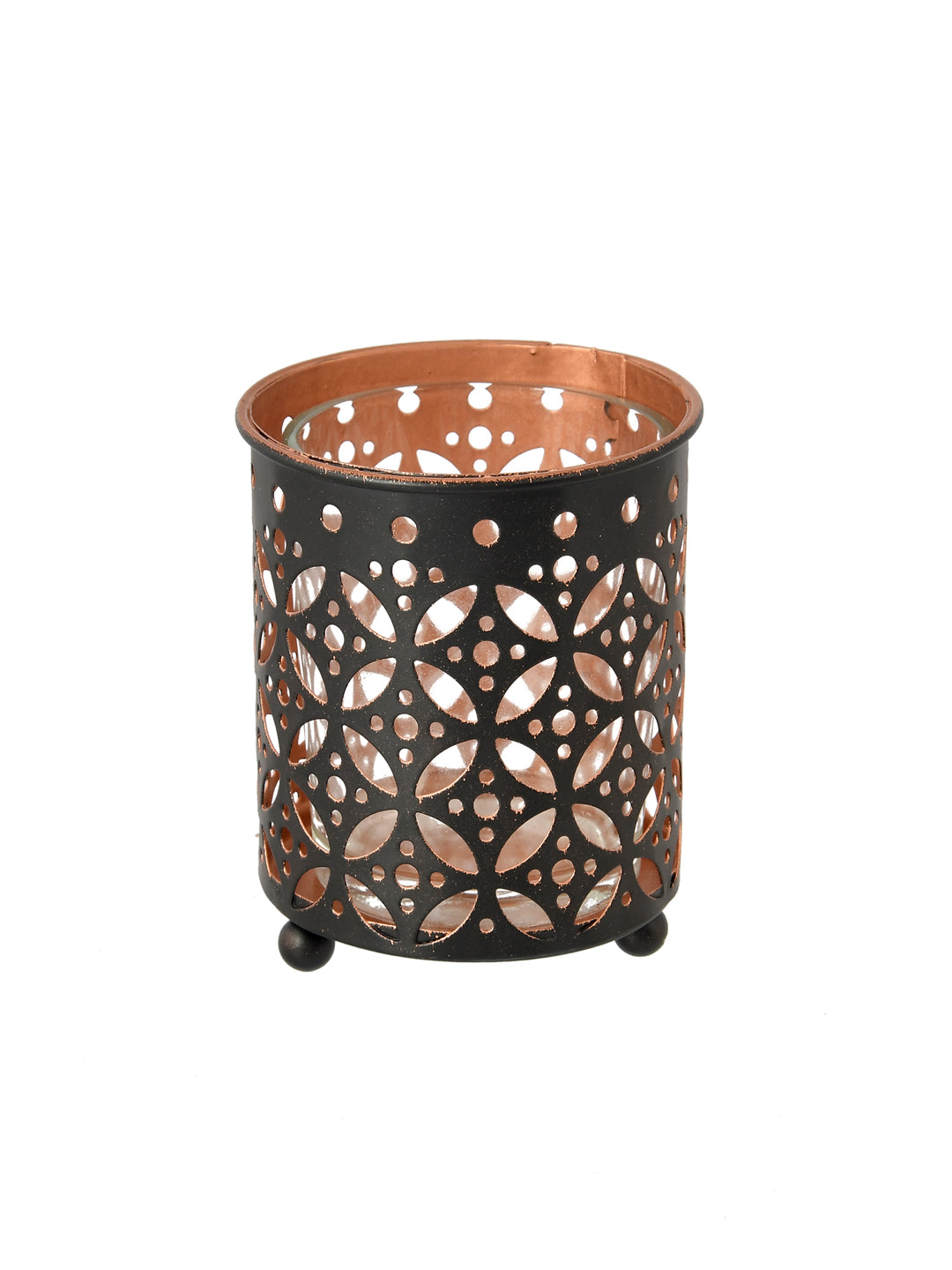 Geometric Dot Pattern Metal Tealight Lantern Black Copper Glow