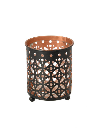 Geometric Dot Pattern Metal Tealight Lantern Black Copper Glow
