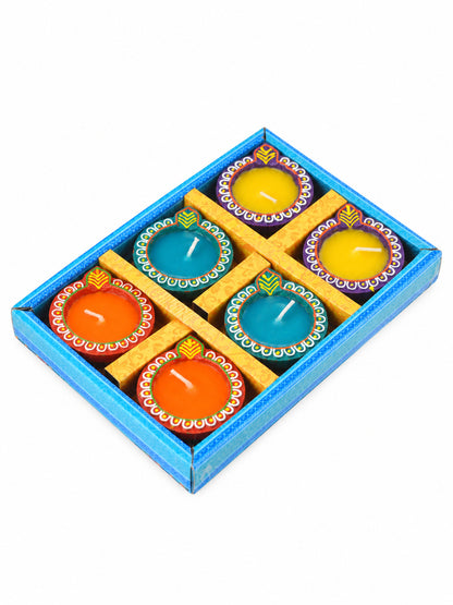 Blue & Purple 6 Pieces Terracotta Diwali Wax Diyas