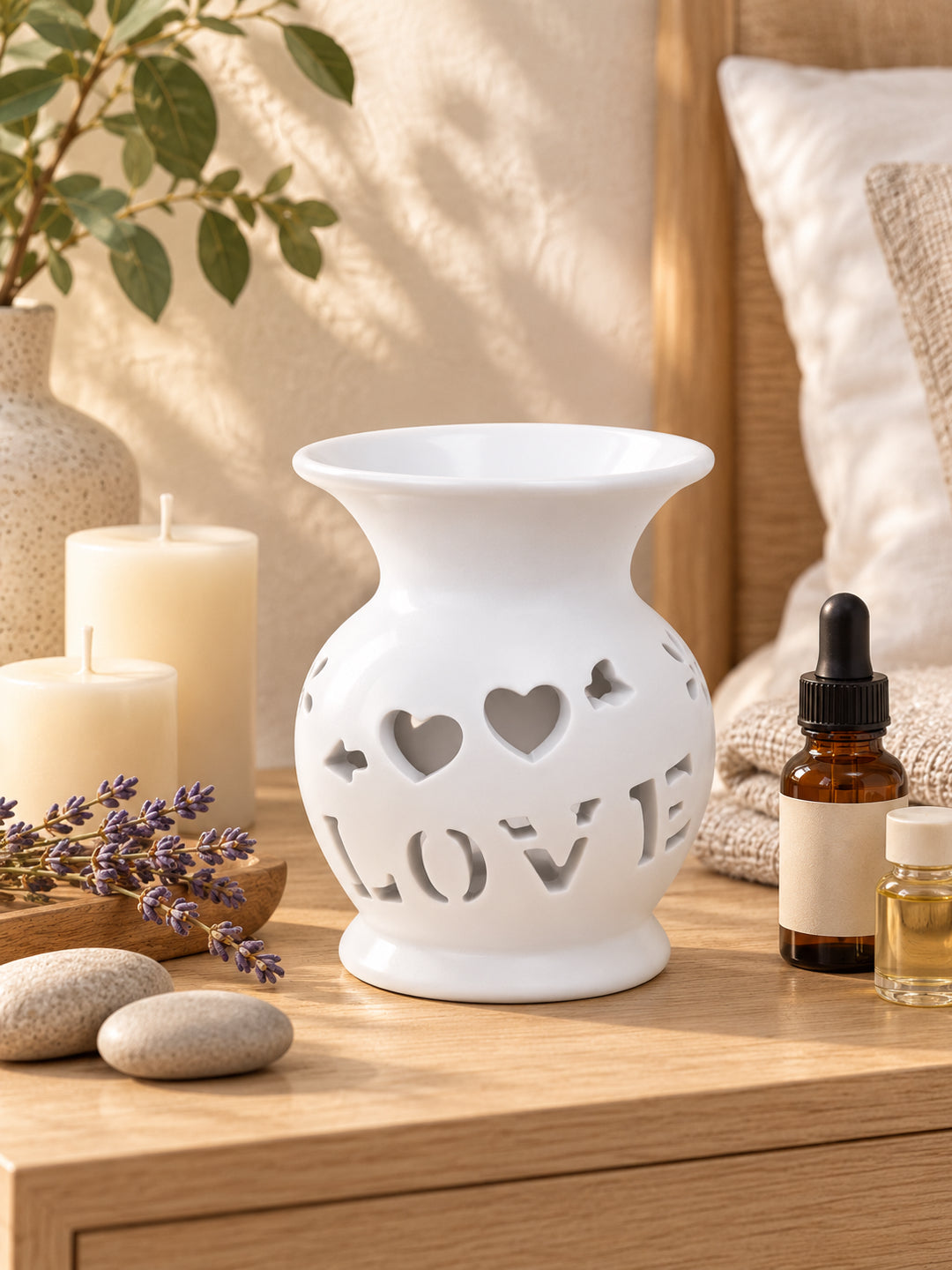 White LOVE Cutout Ceramic Oil Burner Tealight Aromatherapy Lamp