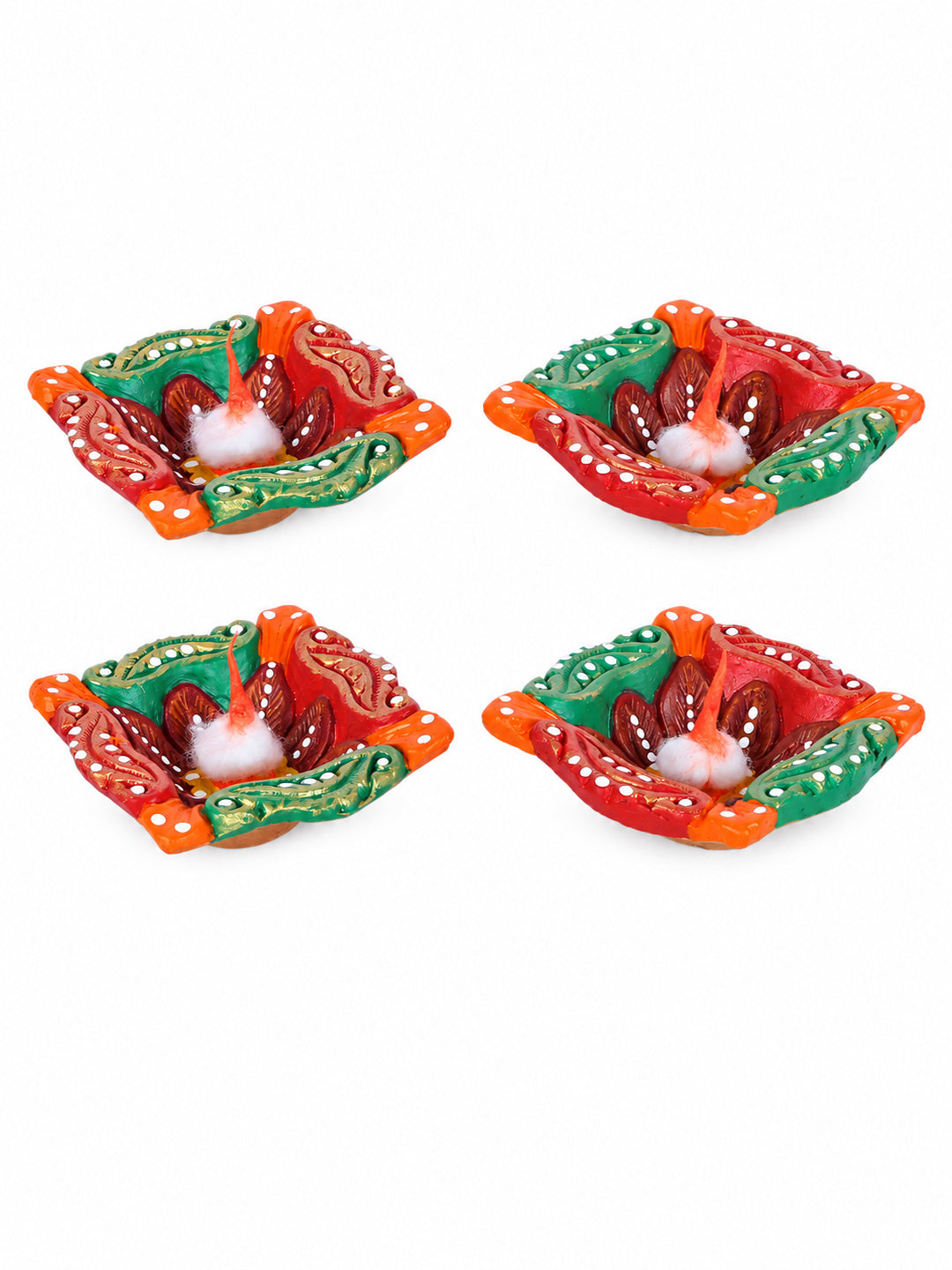 Green & Orange Handpainted Set of 4 Diwali Diya
