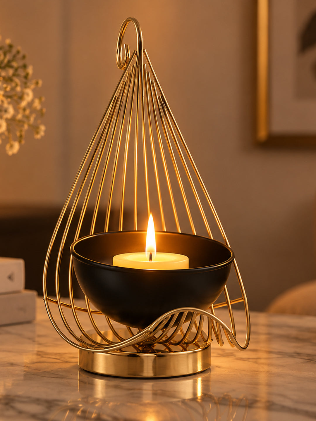 Gold Metal Hanging Candle Holder with Black Bowl