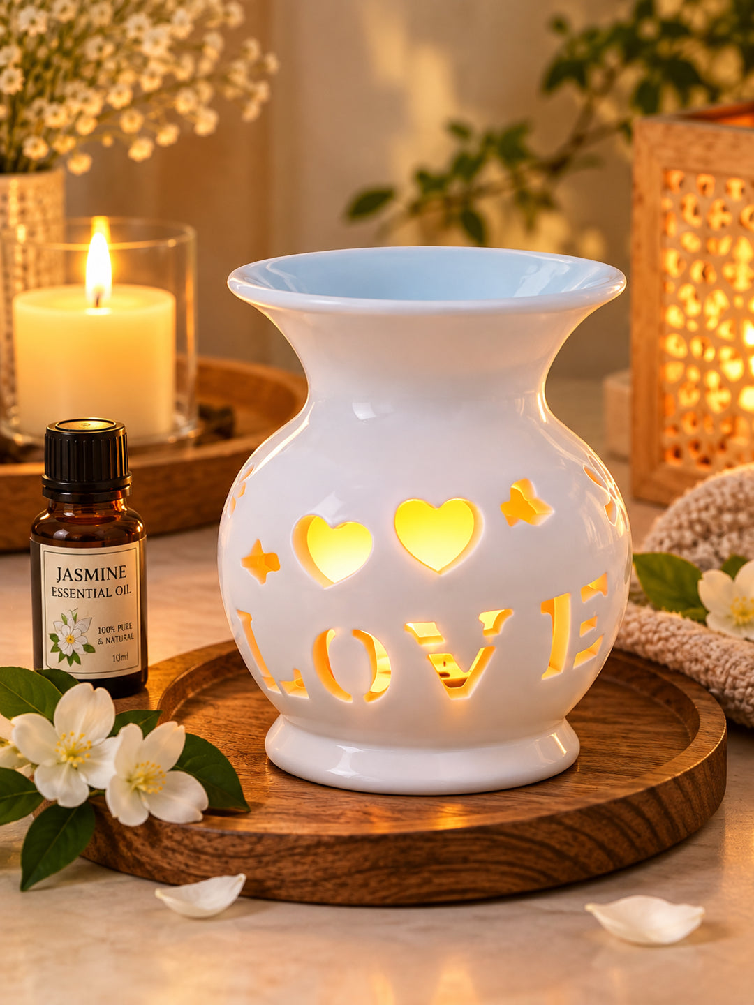 White LOVE Cutout Ceramic Oil Burner Tealight Aromatherapy Lamp