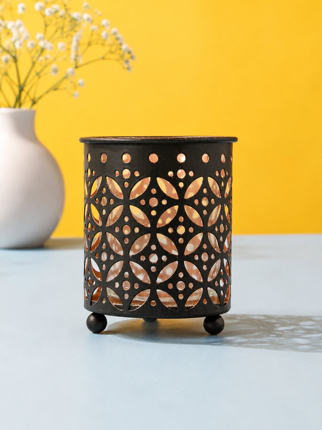 Geometric Dot Pattern Metal Tealight Lantern Black Copper Glow