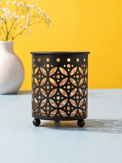 Geometric Dot Pattern Metal Tealight Lantern Black Copper Glow