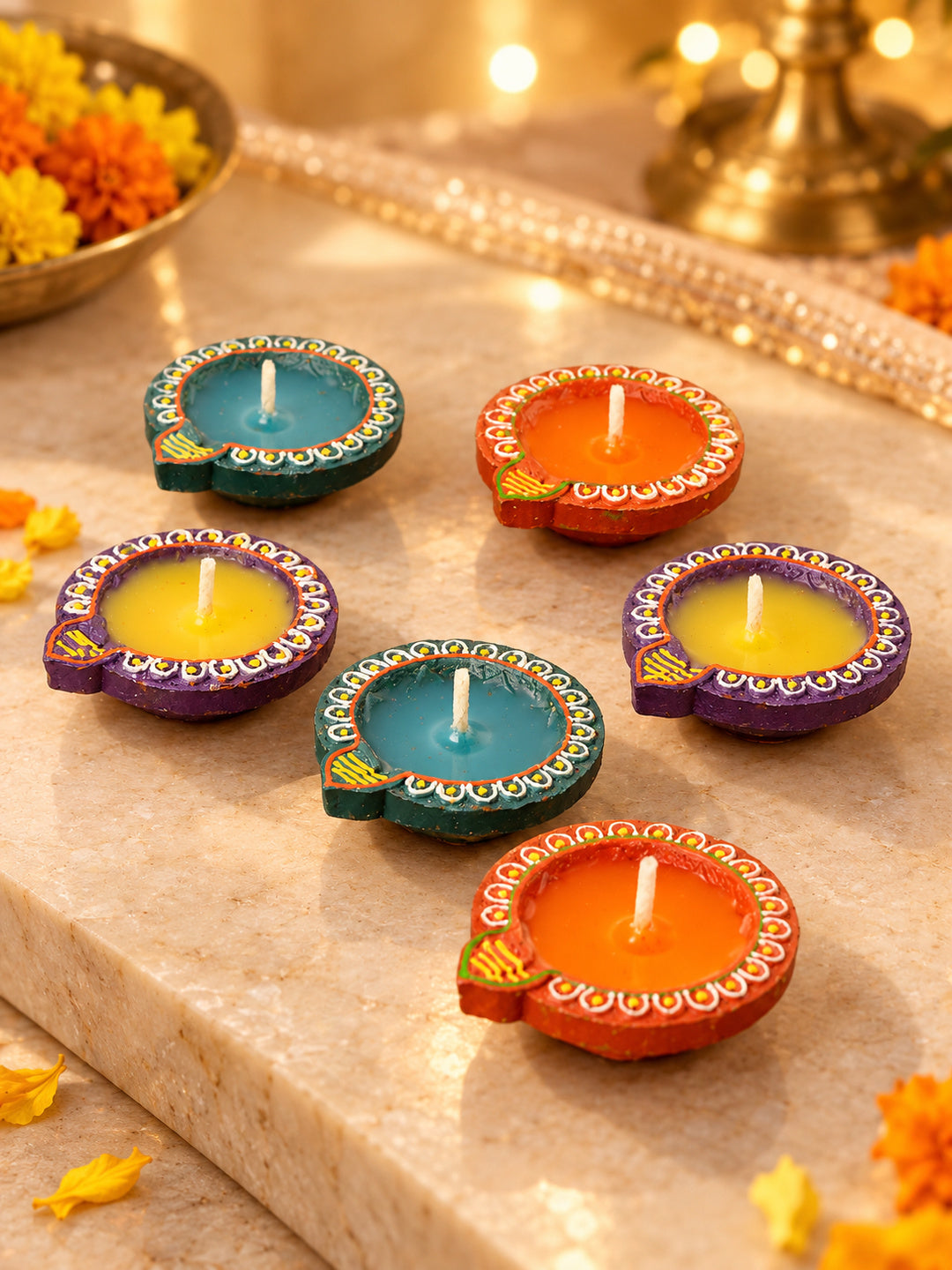 Blue & Purple 6 Pieces Terracotta Diwali Wax Diyas
