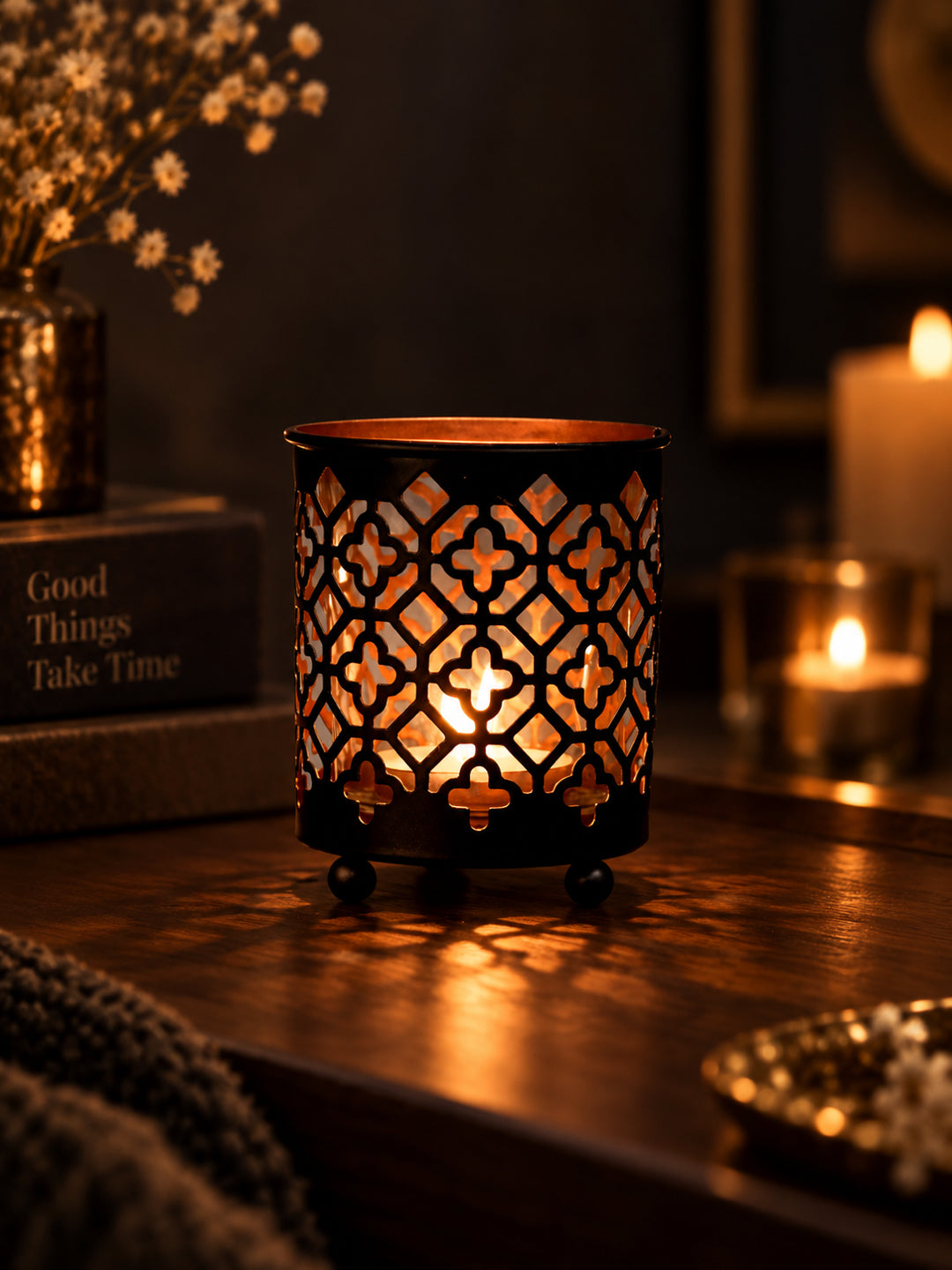 Moroccan Jali Tealight Lantern Black Metal Gold Interior Decor