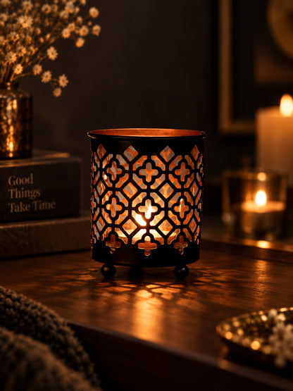 Moroccan Jali Tealight Lantern Black Metal Gold Interior Decor